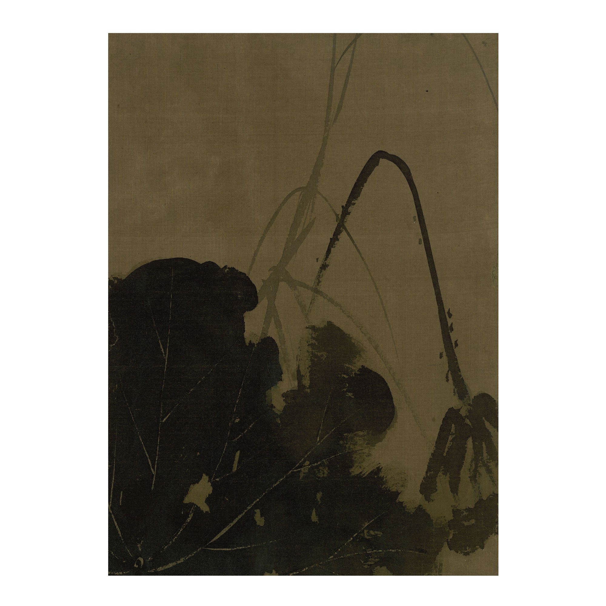 A traditional Japanese ink painting on textured paper, depicting dark lotus leaves and stems with a curved reed or grass stem against a warm brownish-gray background.