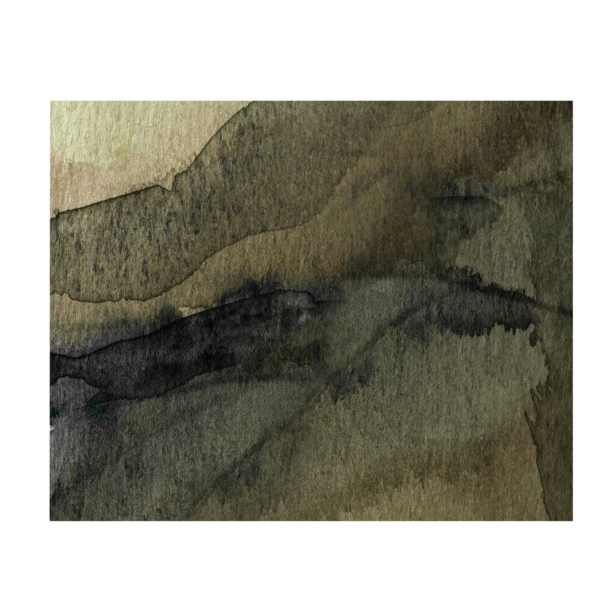 An abstract watercolor painting featuring textured washes of olive green, dark charcoal, and warm beige tones, presented as a square print centered on a white background.
