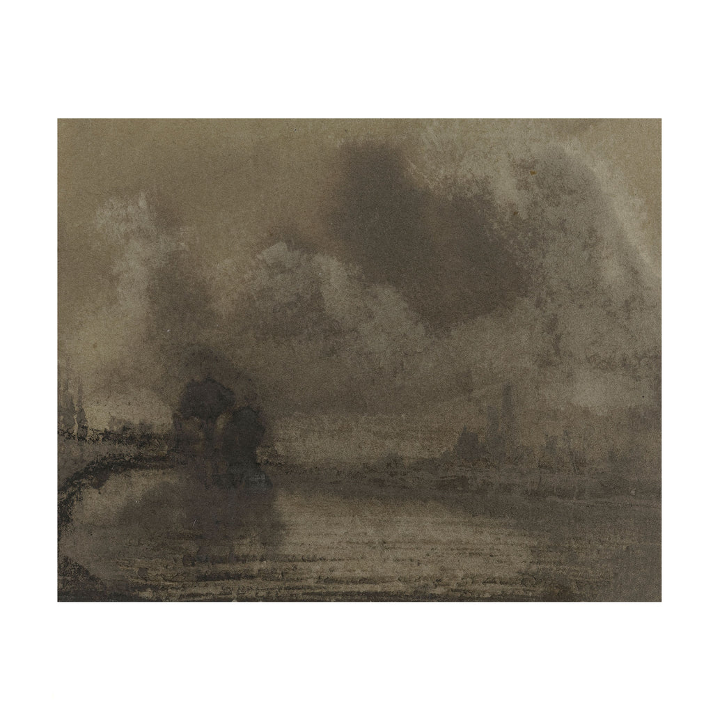 A sepia-toned landscape painting or artwork showing a misty river scene with dark trees, faint buildings, and cloudy sky, presented against a white background.