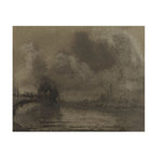 A sepia-toned landscape painting or artwork showing a misty river scene with dark trees, faint buildings, and cloudy sky, presented against a white background.