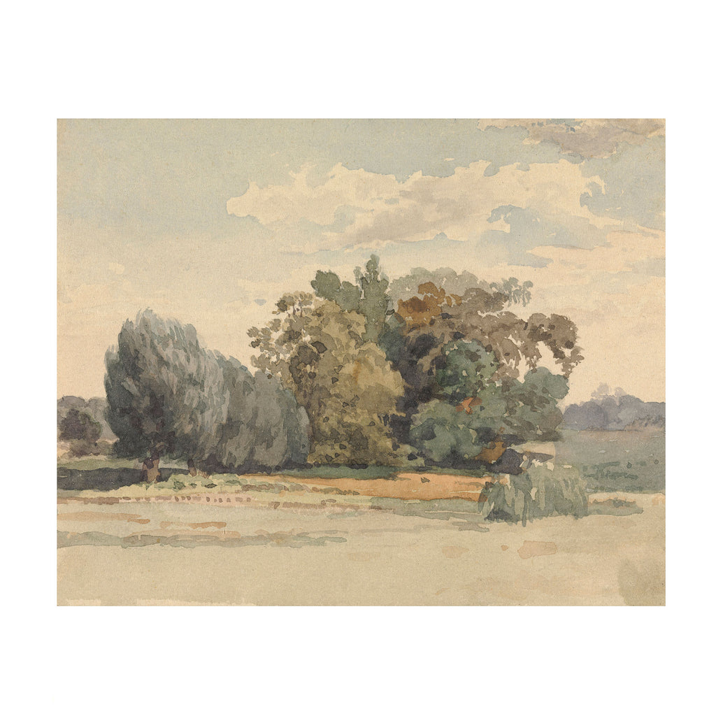 A watercolor landscape painting featuring a cluster of trees in shades of green, brown, and beige under a soft, cloudy sky, with a pale field in the foreground.