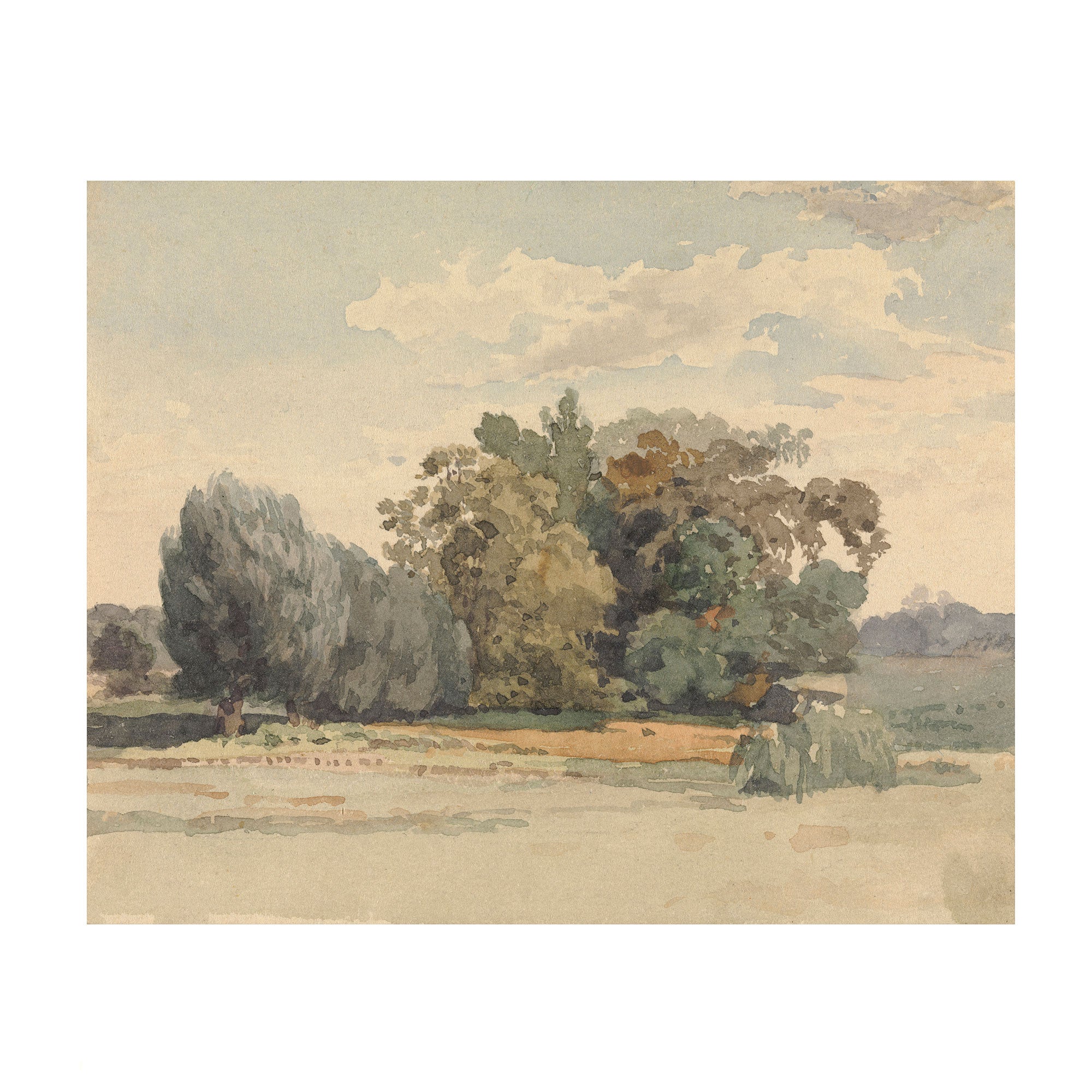 A watercolor landscape painting featuring a cluster of trees in shades of green, brown, and beige under a soft, cloudy sky, with a pale field in the foreground.