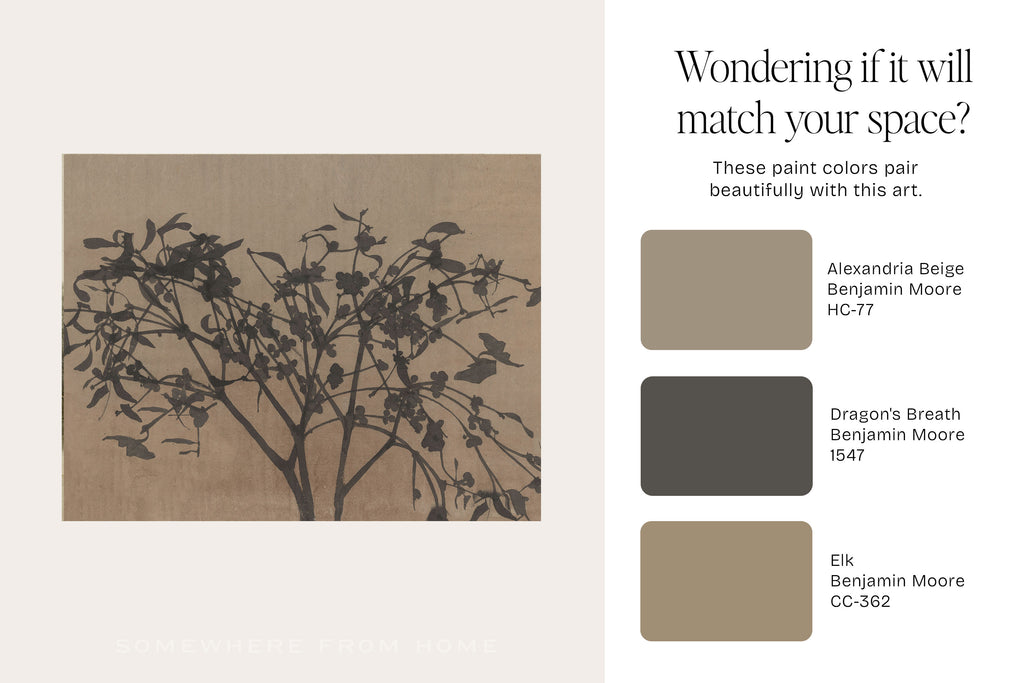 A beige promotional graphic with a square artwork showing a tree silhouette on aged paper, alongside text reading 'Wondering if it will match your space?' and three Benjamin Moore paint color swatches labeled Alexandria Beige HC-77, Dragon's Breath 1547, and Elk CC-362.