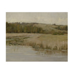 An impressionist landscape painting depicting a calm river or marsh scene with reeds in the foreground, a line of trees on the left, rolling grassy hills in the distance, and a pale overcast sky.