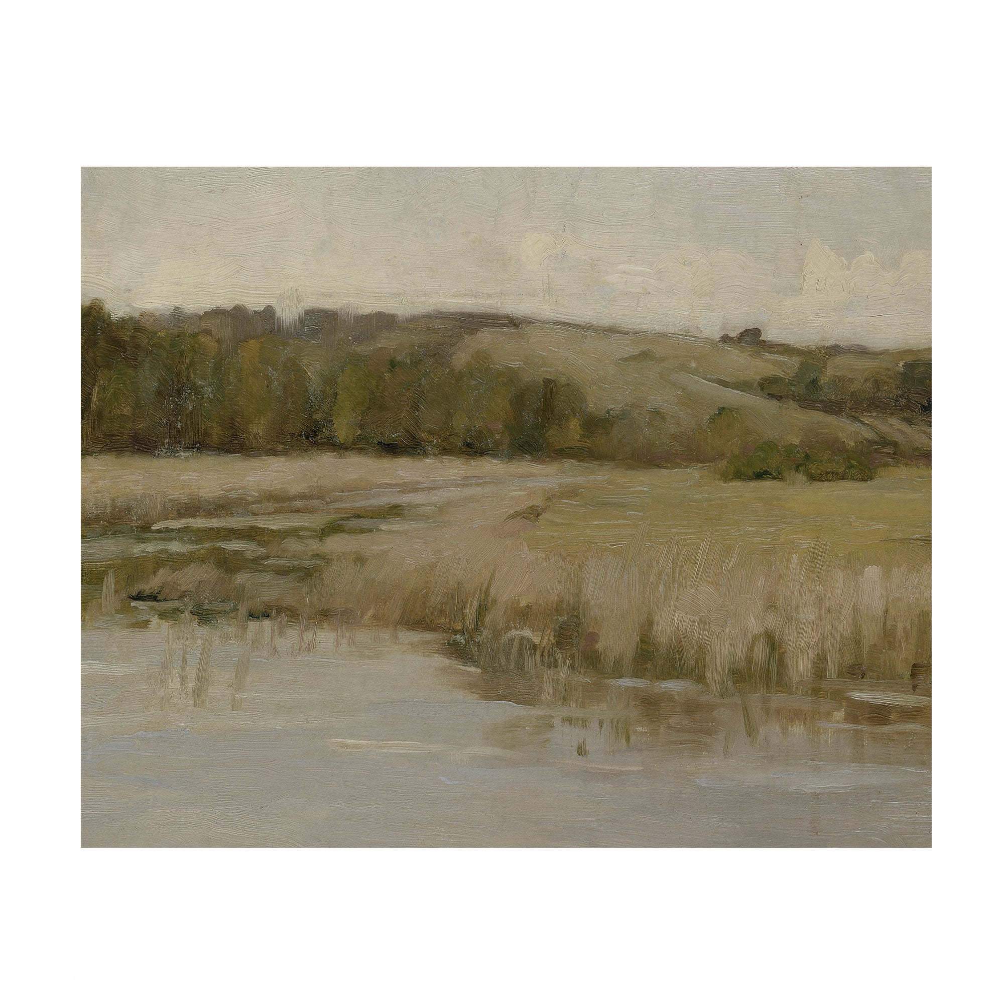 An impressionist landscape painting depicting a calm river or marsh scene with reeds in the foreground, a line of trees on the left, rolling grassy hills in the distance, and a pale overcast sky.