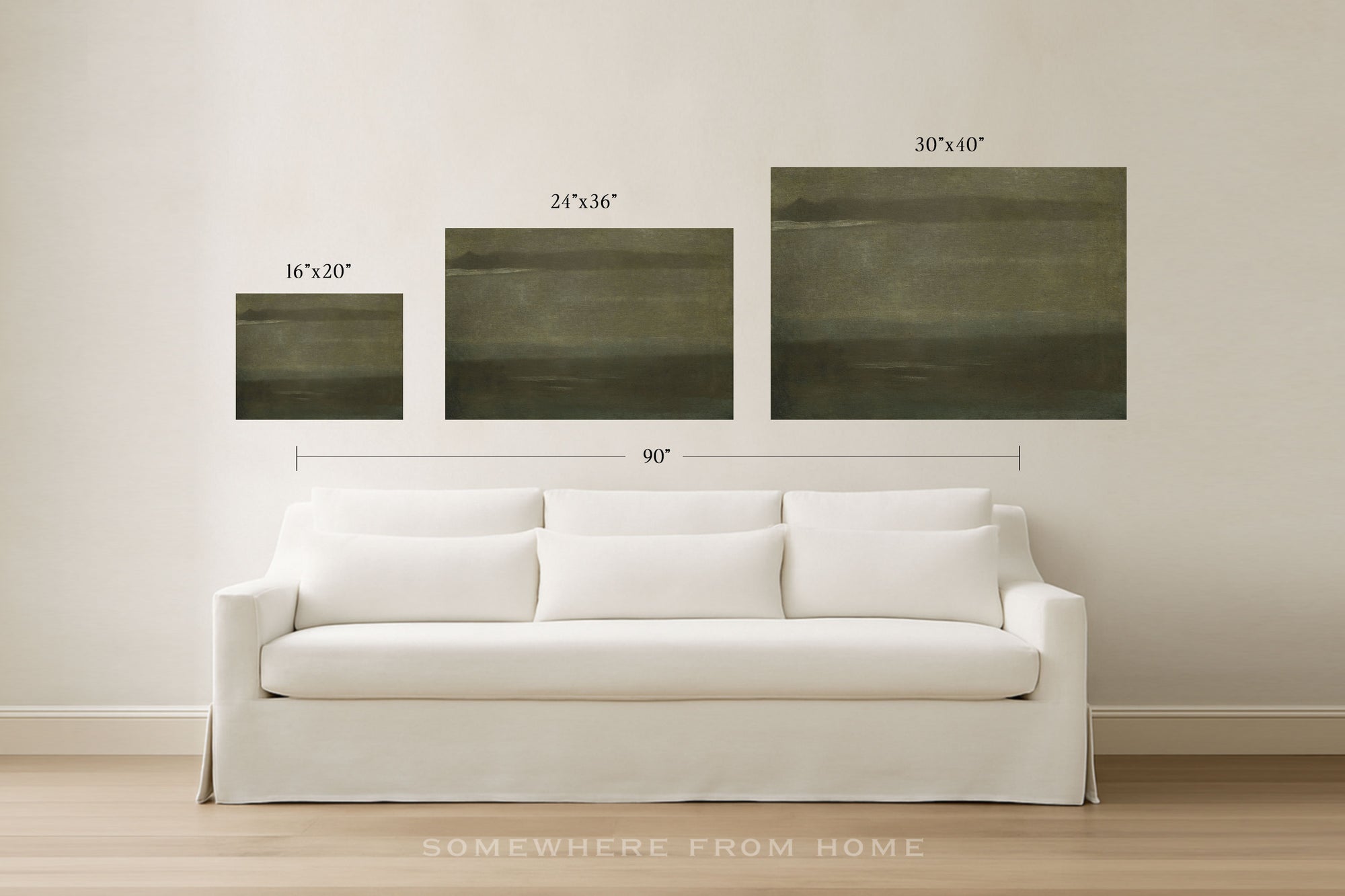 Three framed wall art pieces in different sizes displayed above a white sofa in a bright room, with size labels reading 16"x20", 24"x36", 30"x40", and a total width of 90". The art appears to be muted olive-green and dark gray abstract designs.