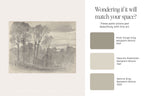 A beige and white promotional graphic for Benjamin Moore paint colors paired with a gray-toned landscape art print. The right side includes the text 'Wondering if it will match your space?' and three labeled paint swatches: River Gorge Gray 1537, Nature's Essentials Benjamin Moore 1521, and Senora Gray 1530.