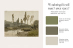 A color and art coordination guide featuring a landscape painting on the left and three Benjamin Moore paint swatches on the right with text reading 'Wondering if it will match your space?' and product names and codes.