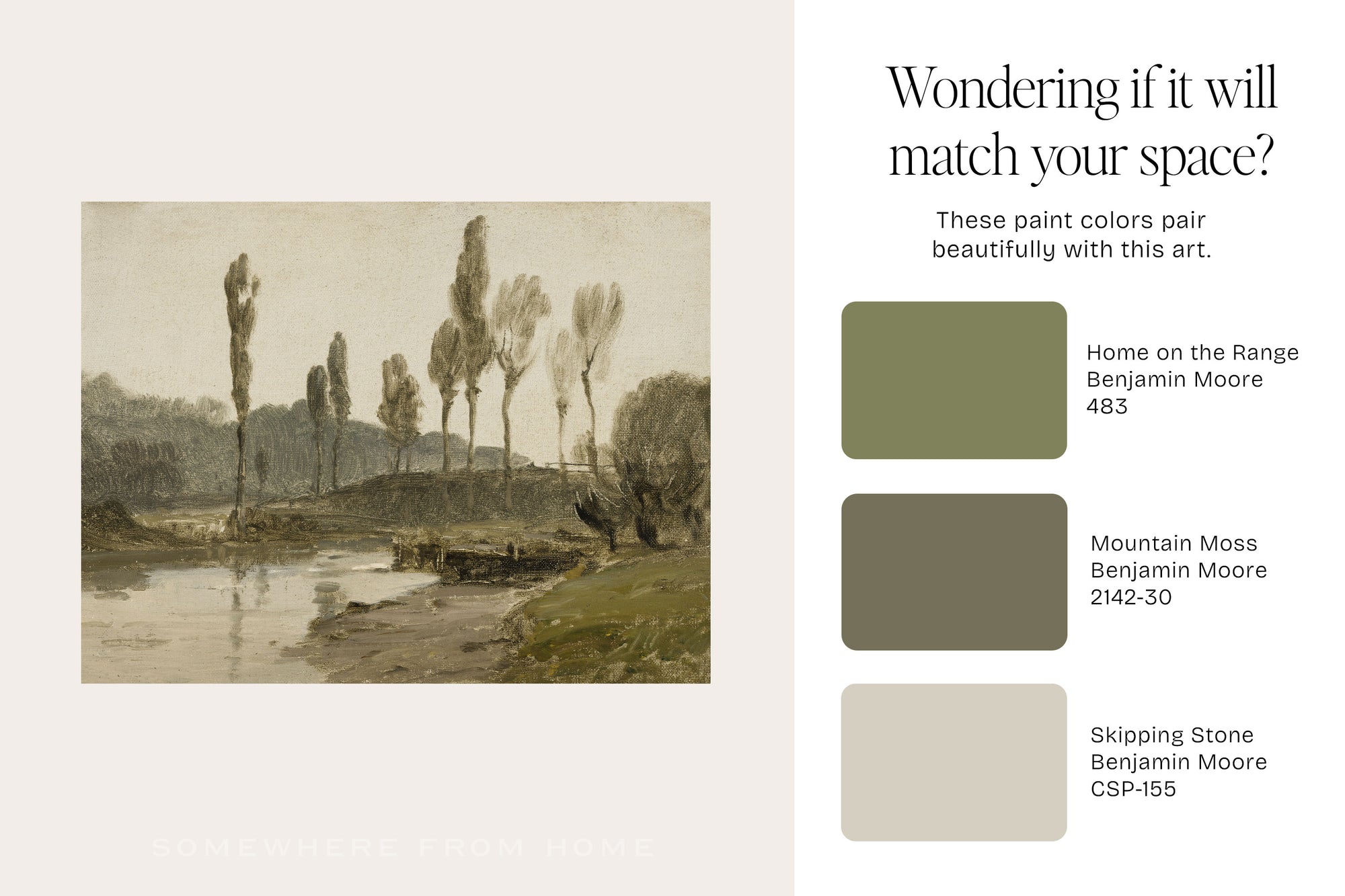 A color and art coordination guide featuring a landscape painting on the left and three Benjamin Moore paint swatches on the right with text reading 'Wondering if it will match your space?' and product names and codes.