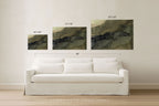 Three framed abstract wall art prints in different sizes are displayed above a white sofa in a bright room. Black dimension lines and text indicate the sizes of each print and the combined width.