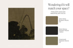 A color and art pairing guide from Benjamin Moore featuring three paint swatches and a matching abstract painting. The swatches are labeled Silken Moss (237), Black Beauty (2128-10), and Greenbrook (517).