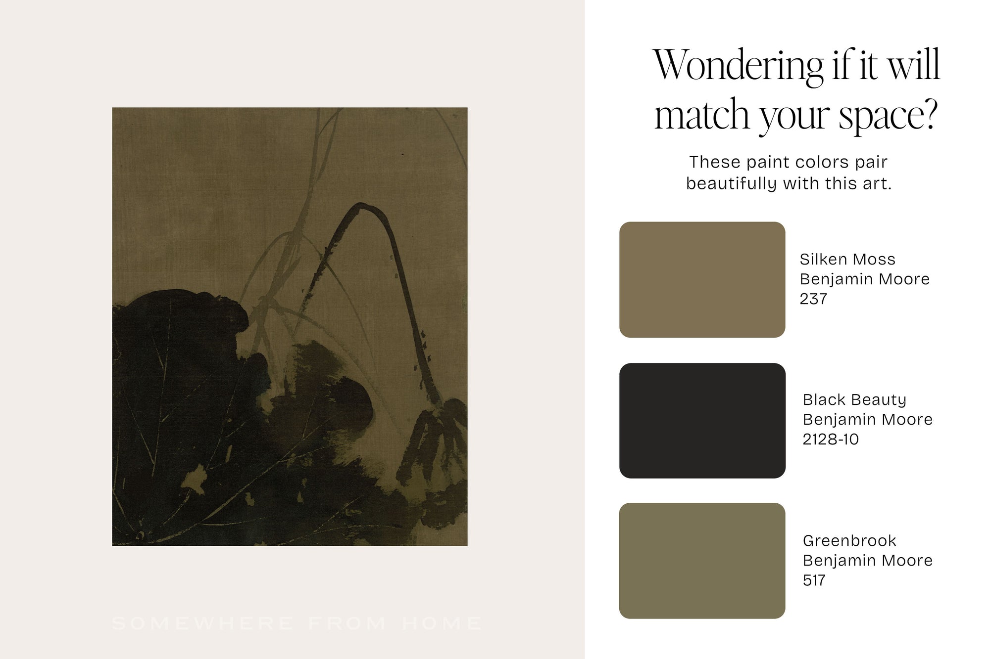 A color and art pairing guide from Benjamin Moore featuring three paint swatches and a matching abstract painting. The swatches are labeled Silken Moss (237), Black Beauty (2128-10), and Greenbrook (517).