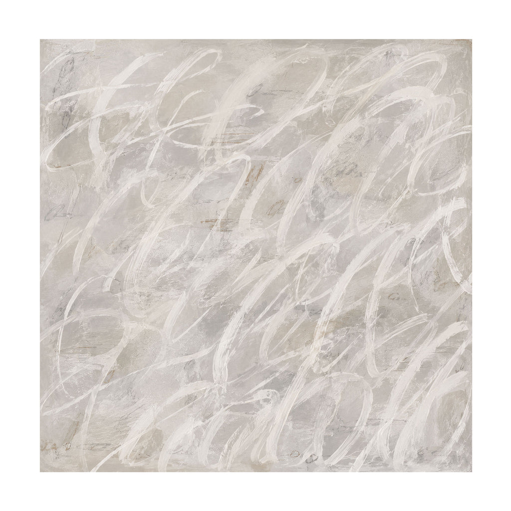 An abstract square canvas painting featuring expressive, fluid white and light gray brushstrokes over a textured neutral gray background.