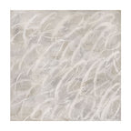 An abstract square canvas painting featuring expressive, fluid white and light gray brushstrokes over a textured neutral gray background.