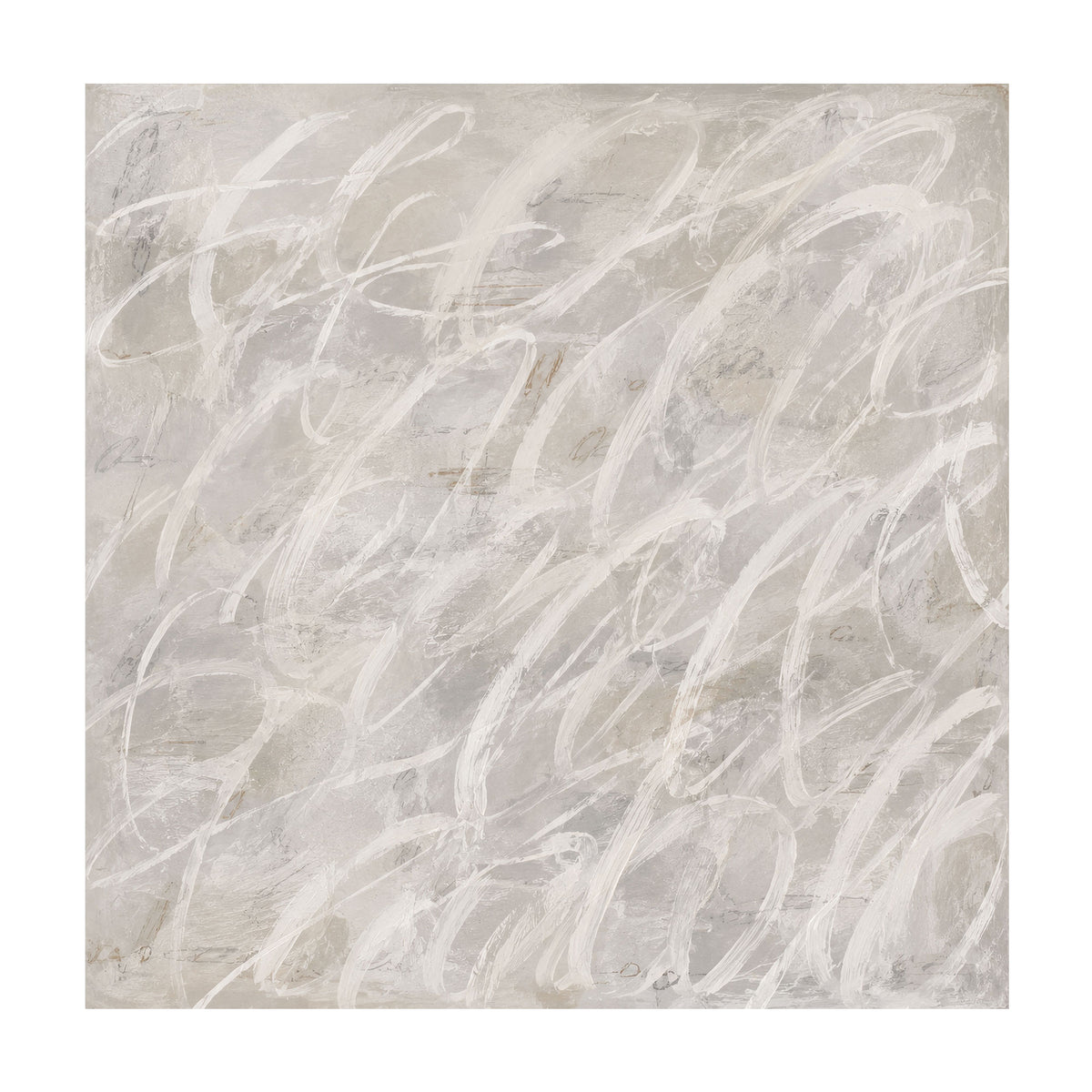 An abstract square canvas painting featuring expressive, fluid white and light gray brushstrokes over a textured neutral gray background.