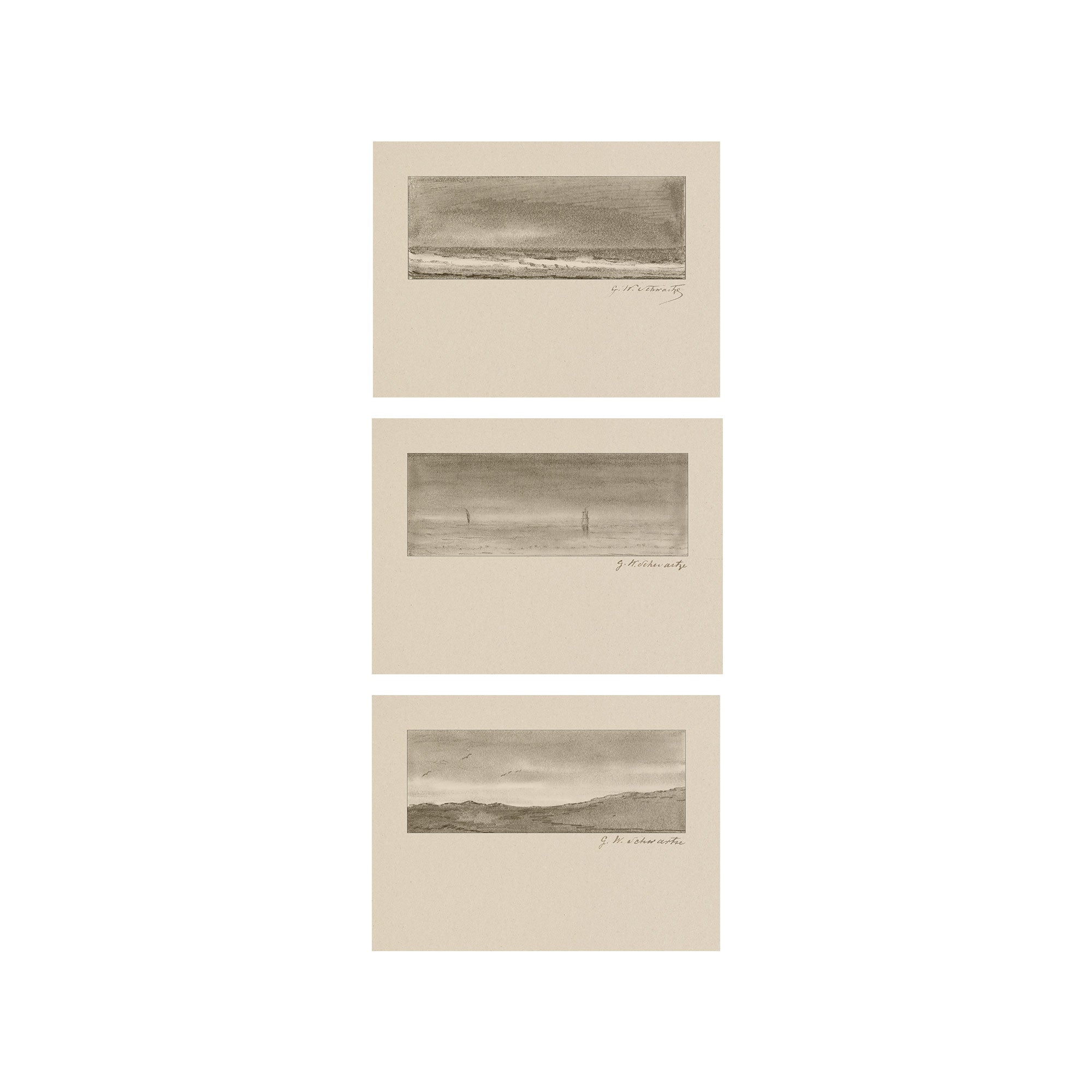 Quiet Horizon Set of 3 - Vintage Landscape Sketch