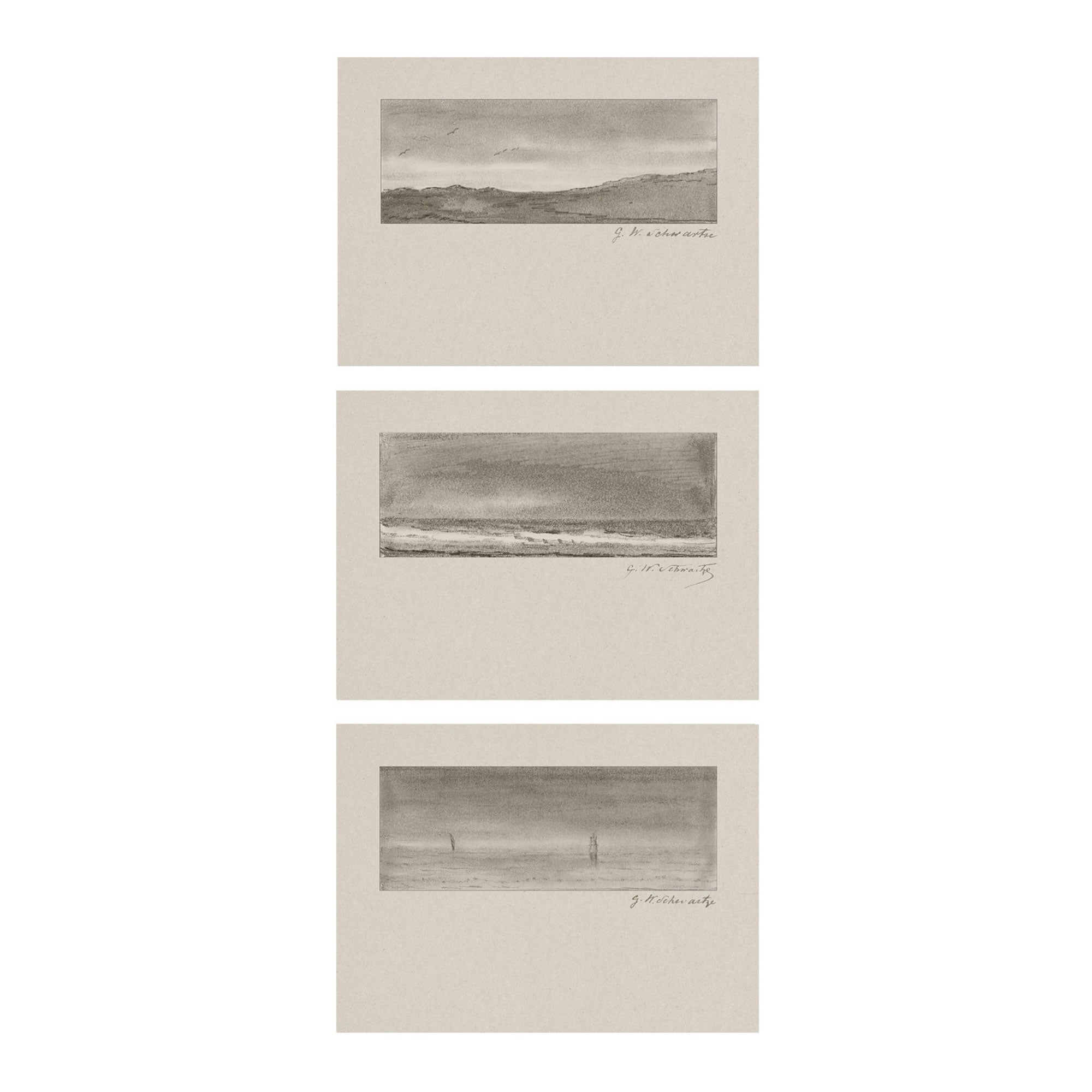 Quiet Horizon Set of 3 - Vintage Landscape Sketch