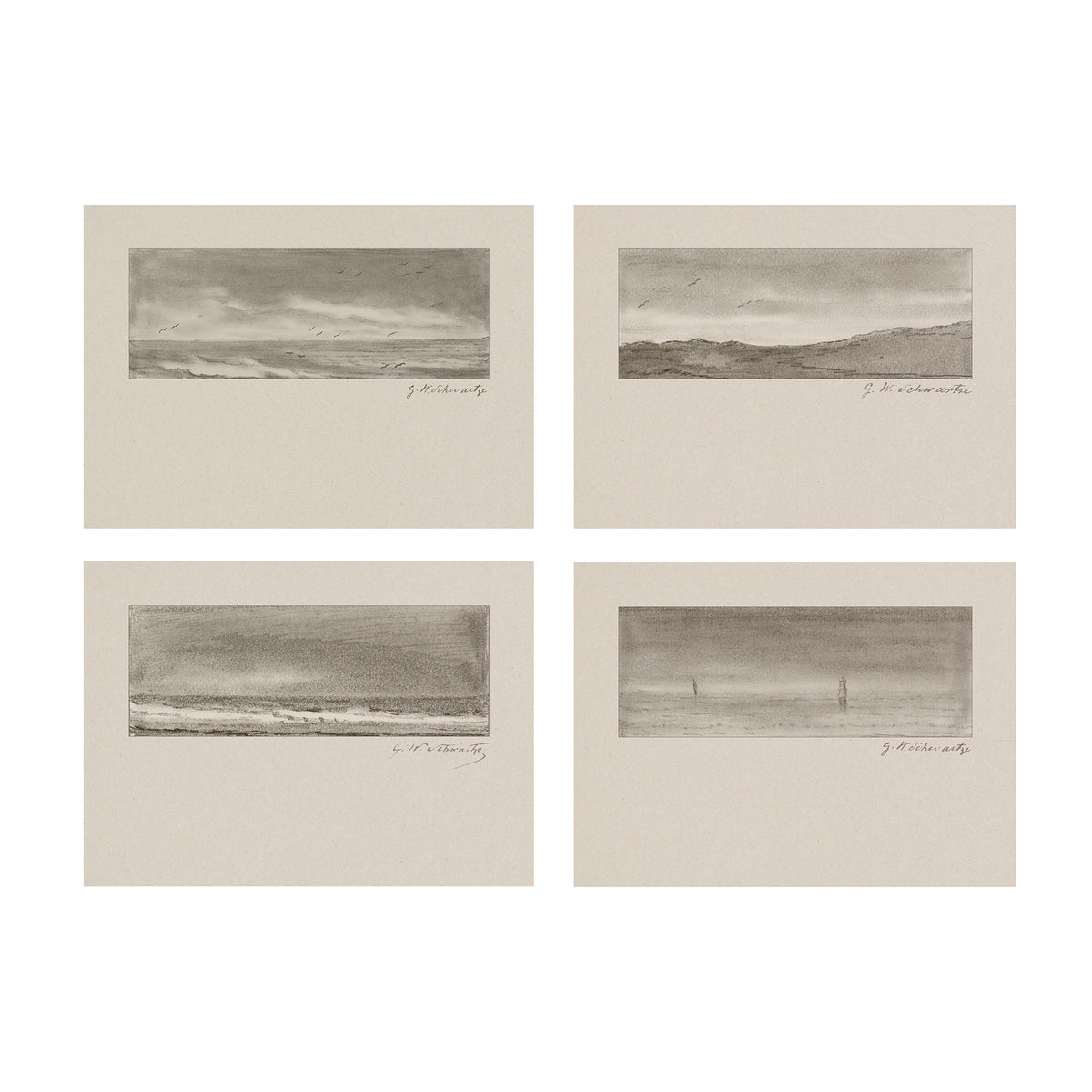 Set of four monochrome landscape art prints arranged in a 2x2 grid on a white background. Each print features a narrow horizontal sketch or photograph of a seascape or coastal scene with a wide beige border.