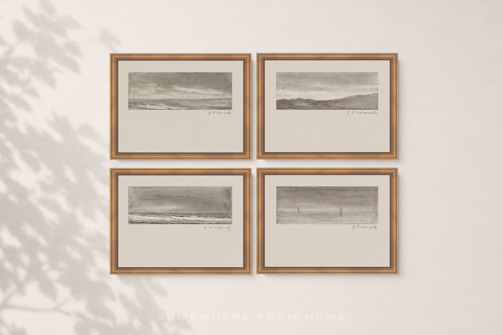 Four framed black and white landscape sketches arranged in a 2x2 grid on a warm beige wall, with soft leaf shadows cast across the left side.