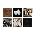 A 2x3 grid of six abstract art prints or canvases on a white background. The artworks feature various abstract designs including brown mottled texture, white brushstrokes on black, a geometric tan and black pattern, black scribbles on white, a textured white and brown abstract piece, and black lines on a black background.