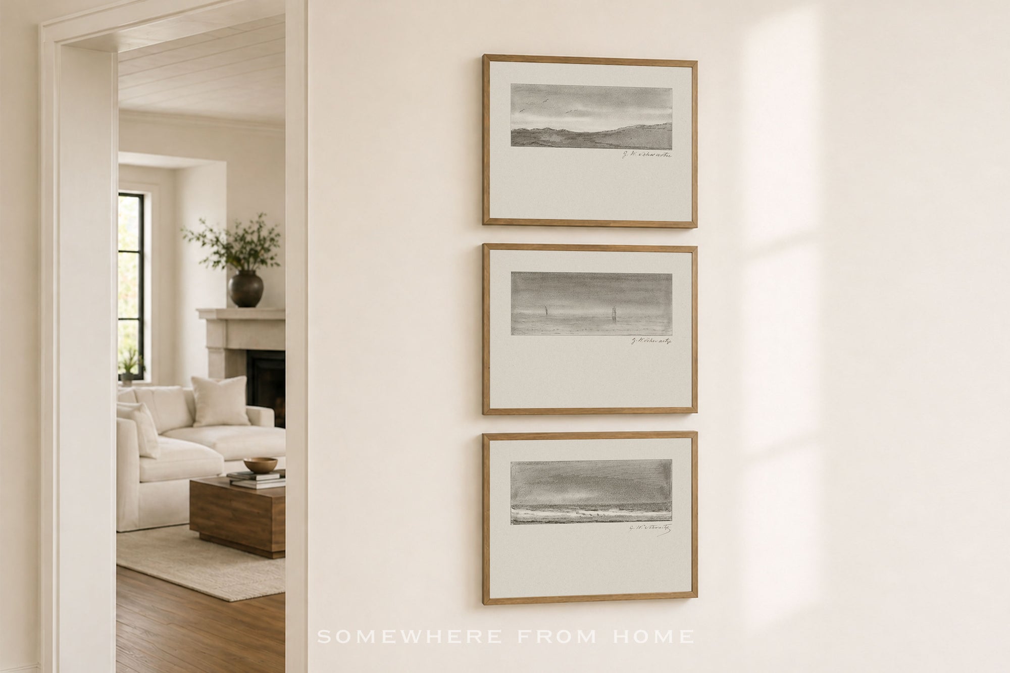 Quiet Horizon Set of 3 - Vintage Landscape Sketch