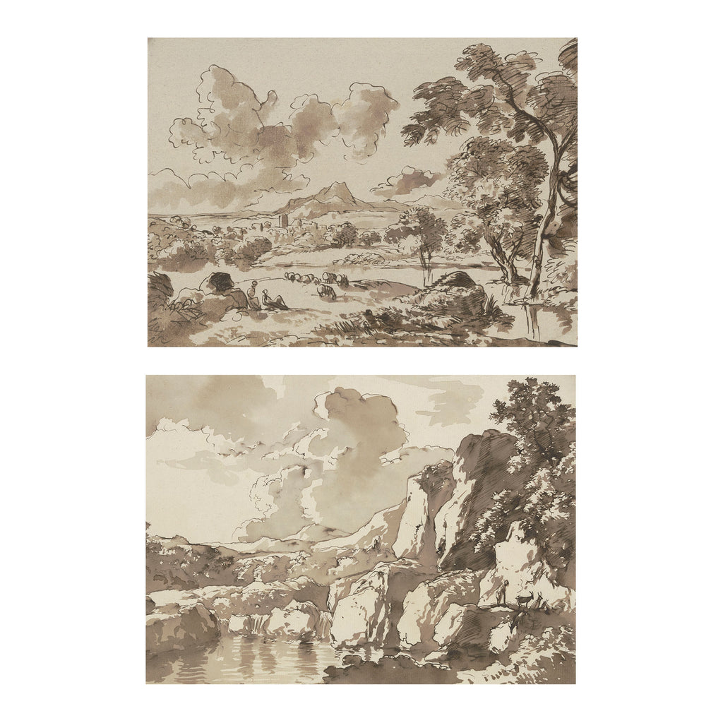Two sepia-toned landscape art prints stacked vertically on a white background. The top print shows a river or lake scene with trees, rocks, distant mountains, and clouds.