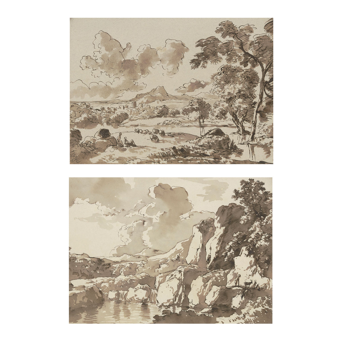 Two sepia-toned landscape art prints stacked vertically on a white background. The top print shows a river or lake scene with trees, rocks, distant mountains, and clouds.