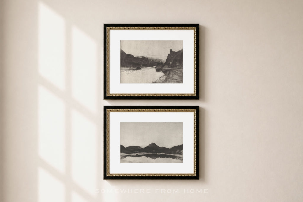 Two framed black and white landscape art prints with gold inner trim and black outer frames, hanging vertically on a beige wall with soft window shadow light.