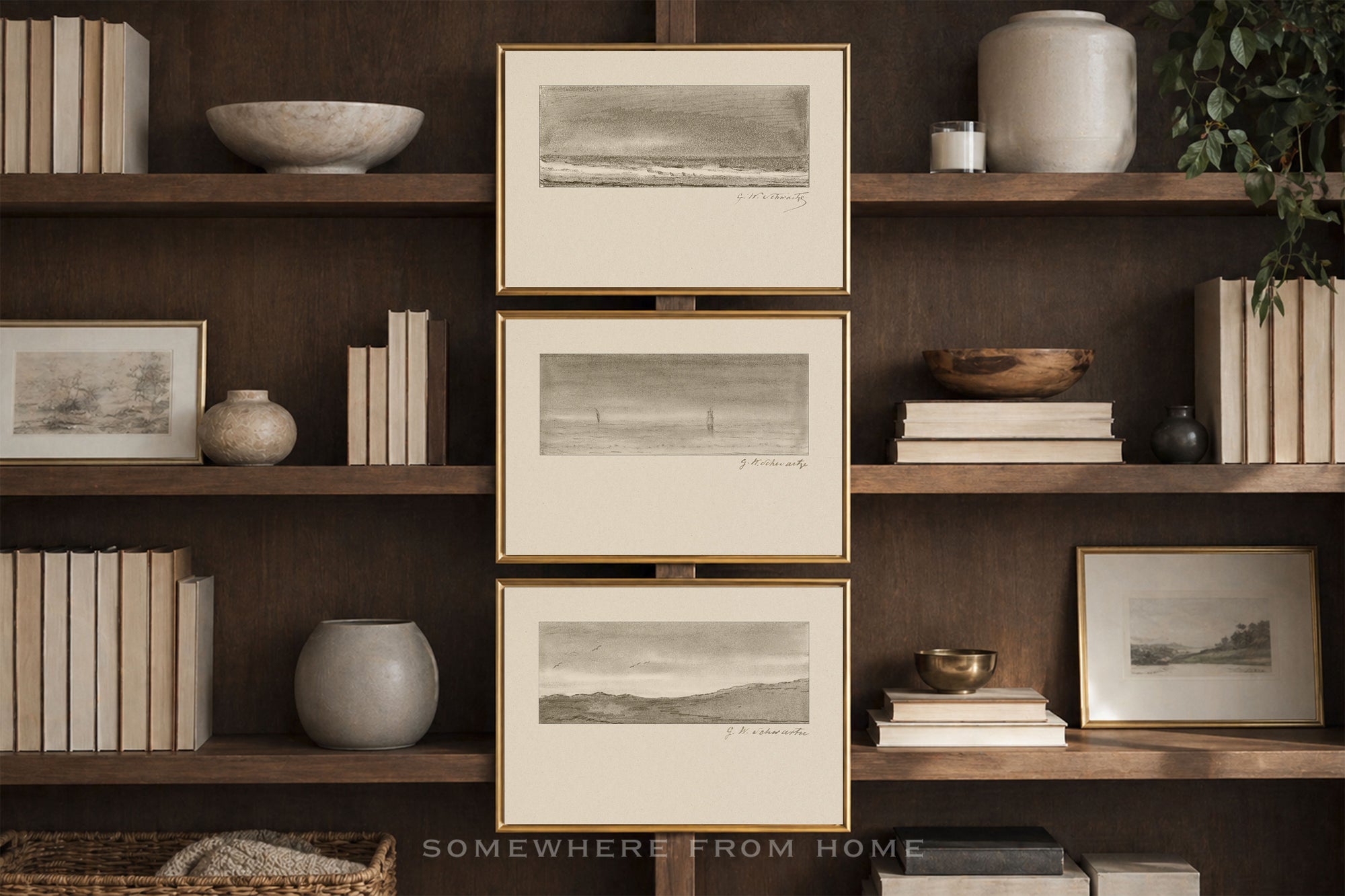 Quiet Horizon Set of 3 - Vintage Landscape Sketch