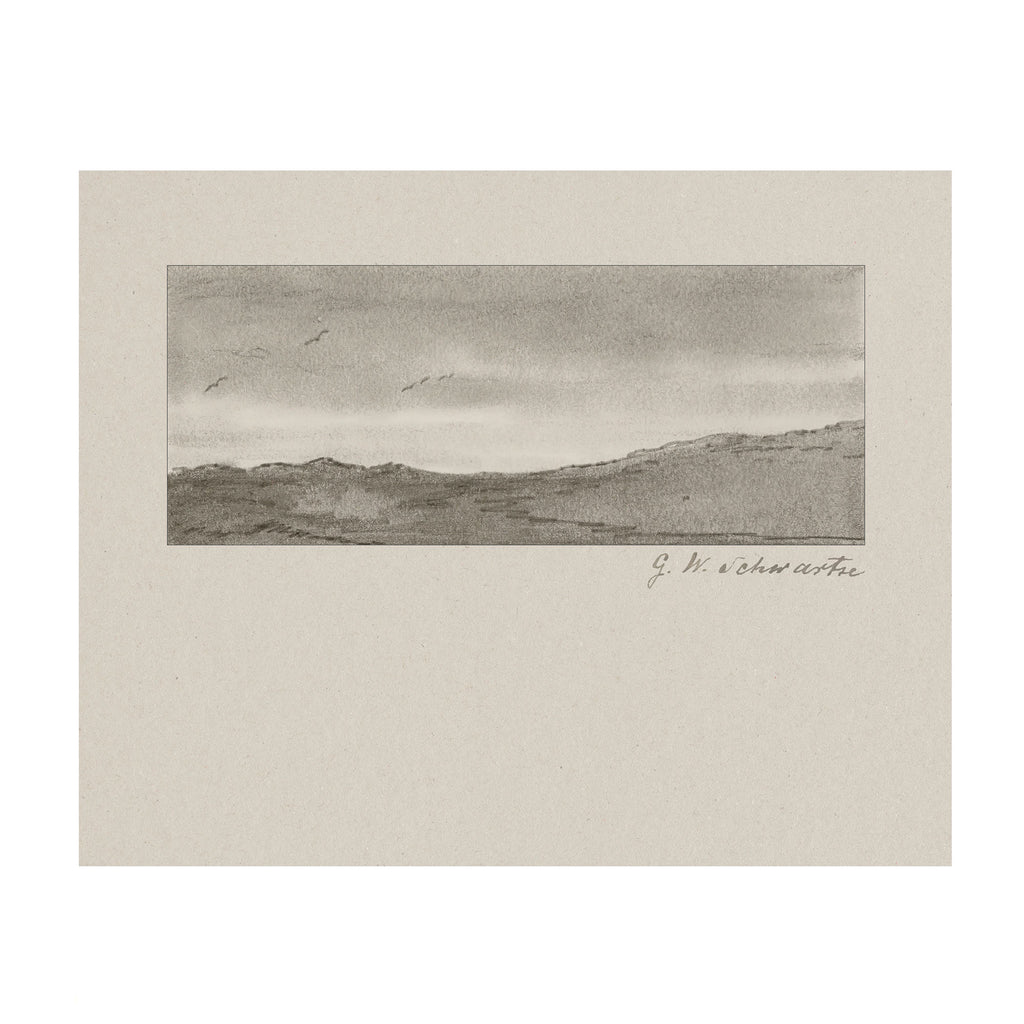 A monochrome landscape art print featuring a sketchy depiction of rolling hills under a cloudy sky with birds, presented on a textured beige paper background with an artist's signature in the lower right.