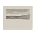 A monochrome landscape art print featuring a sketchy depiction of rolling hills under a cloudy sky with birds, presented on a textured beige paper background with an artist's signature in the lower right.