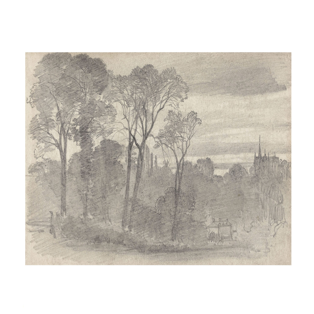 A monochrome sketch or print depicting a landscape with tall trees, a cloudy sky, and a distant spire, rendered in gray tones on a light beige paper background.
