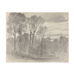 A monochrome sketch or print depicting a landscape with tall trees, a cloudy sky, and a distant spire, rendered in gray tones on a light beige paper background.