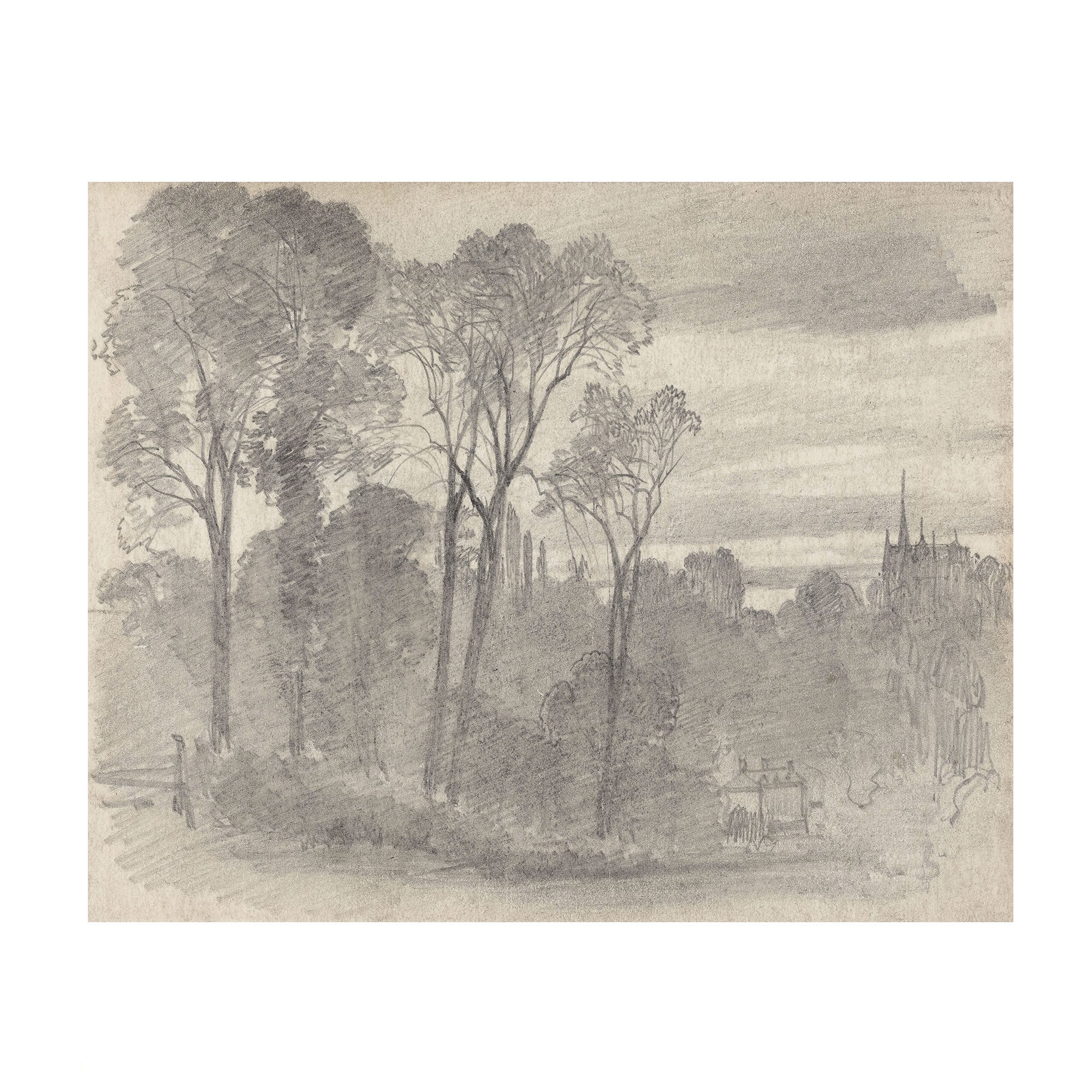 A monochrome sketch or print depicting a landscape with tall trees, a cloudy sky, and a distant spire, rendered in gray tones on a light beige paper background.
