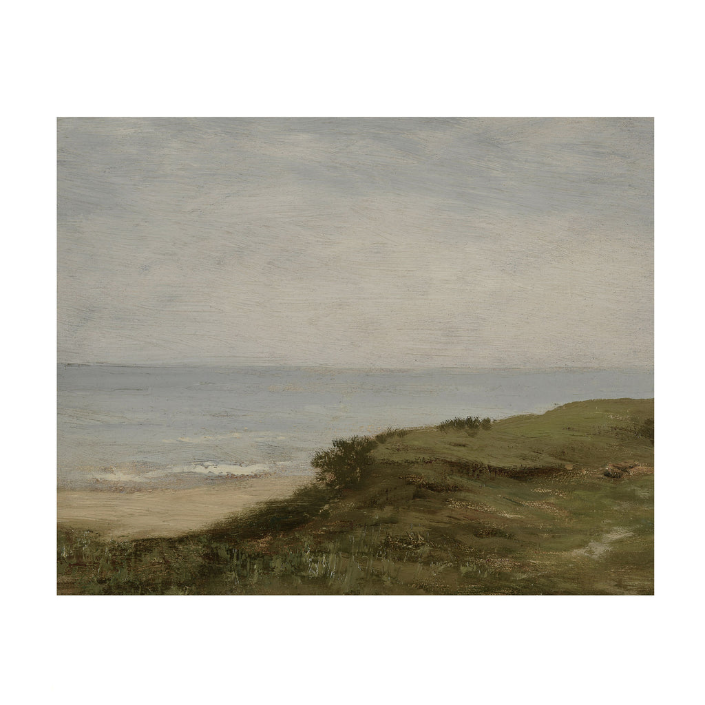 An impressionist landscape painting depicting a calm sea under a cloudy sky, with a grassy dune in the foreground and a sandy beach at the horizon.