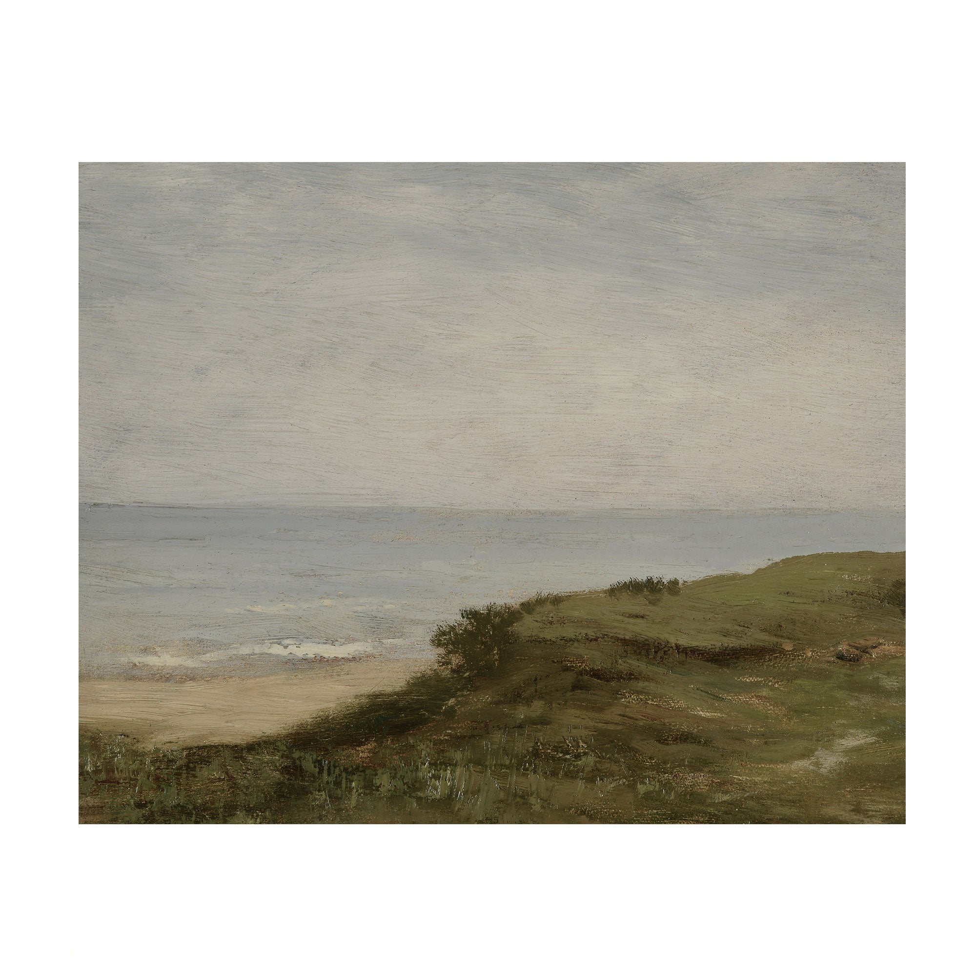 An impressionist landscape painting depicting a calm sea under a cloudy sky, with a grassy dune in the foreground and a sandy beach at the horizon.
