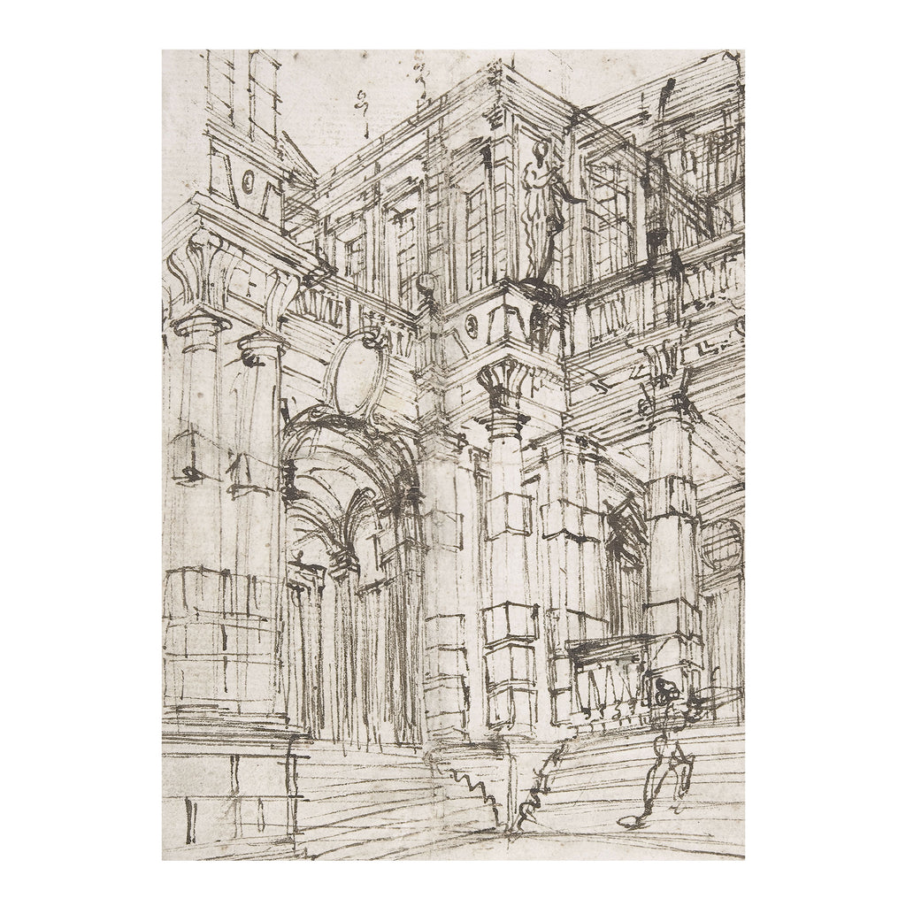 A monochrome architectural sketch print showing a grand classical building facade with columns, arches, windows, and a small human figure in the foreground, rendered in dark ink lines on a light paper background.