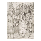 A monochrome architectural sketch print showing a grand classical building facade with columns, arches, windows, and a small human figure in the foreground, rendered in dark ink lines on a light paper background.