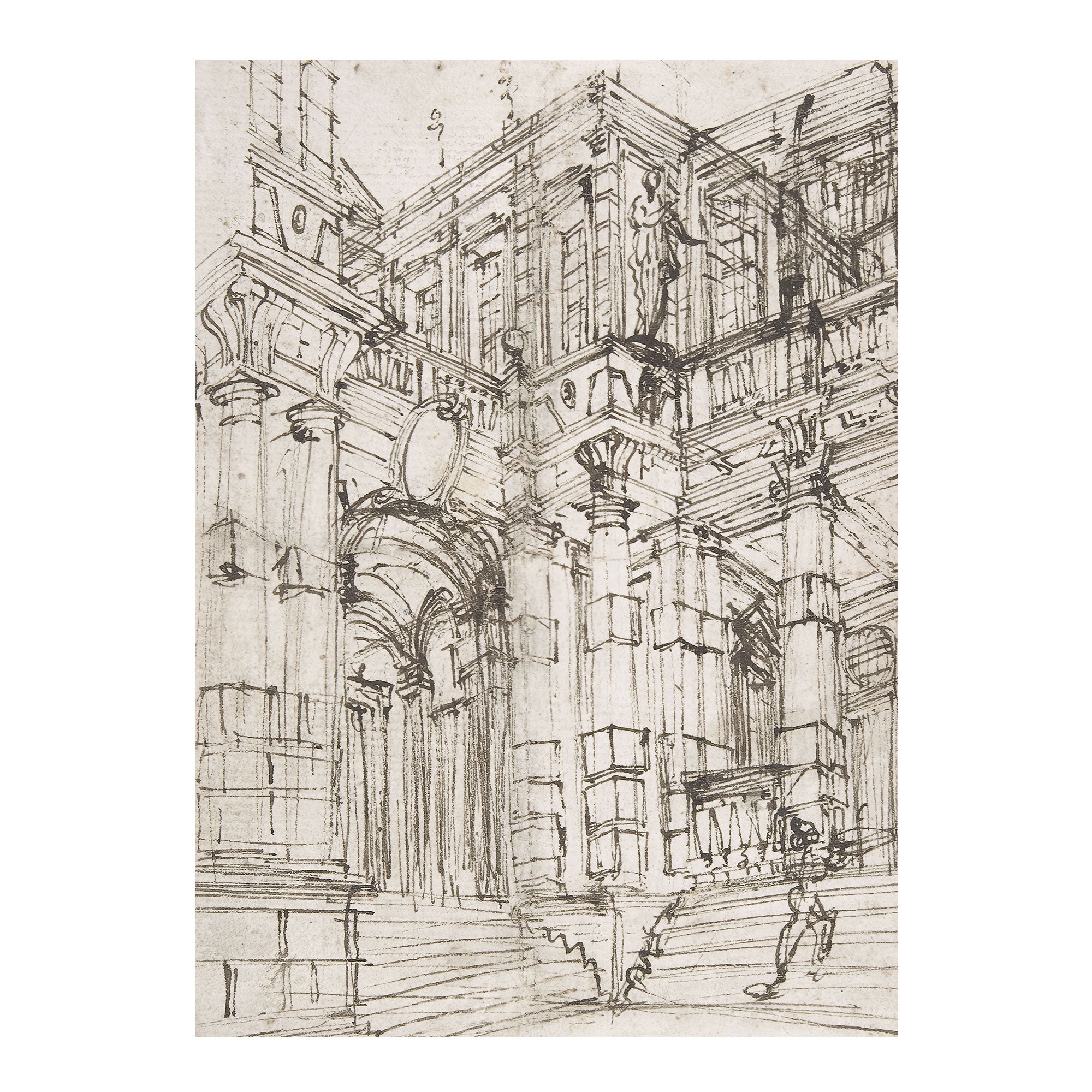 A monochrome architectural sketch print showing a grand classical building facade with columns, arches, windows, and a small human figure in the foreground, rendered in dark ink lines on a light paper background.