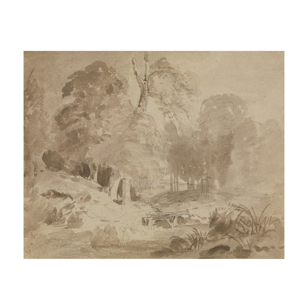 A sepia-toned landscape sketch or print showing trees, rocks, and a small structure, presented against a white background.