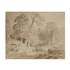 A sepia-toned landscape sketch or print showing trees, rocks, and a small structure, presented against a white background.
