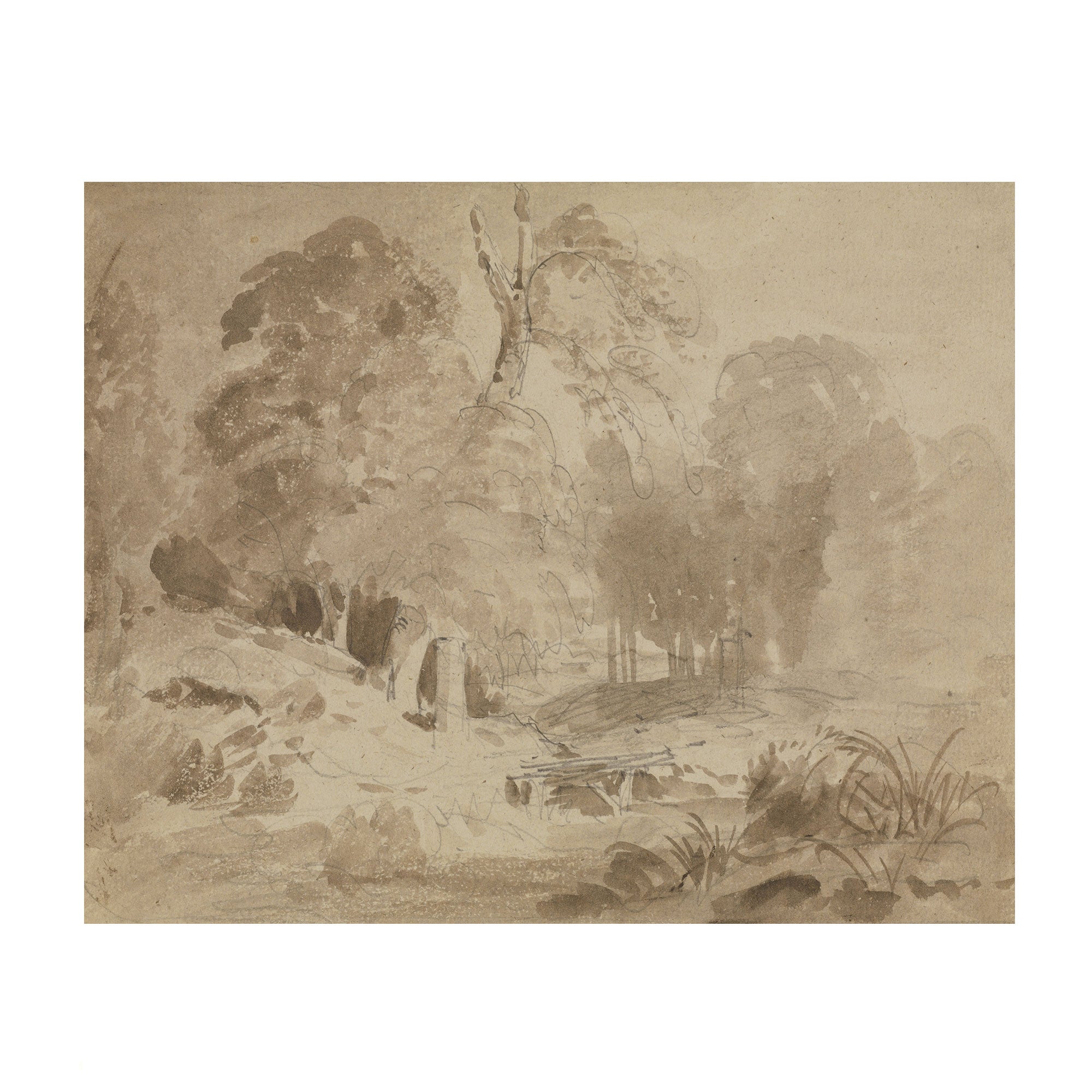 A sepia-toned landscape sketch or print showing trees, rocks, and a small structure, presented against a white background.