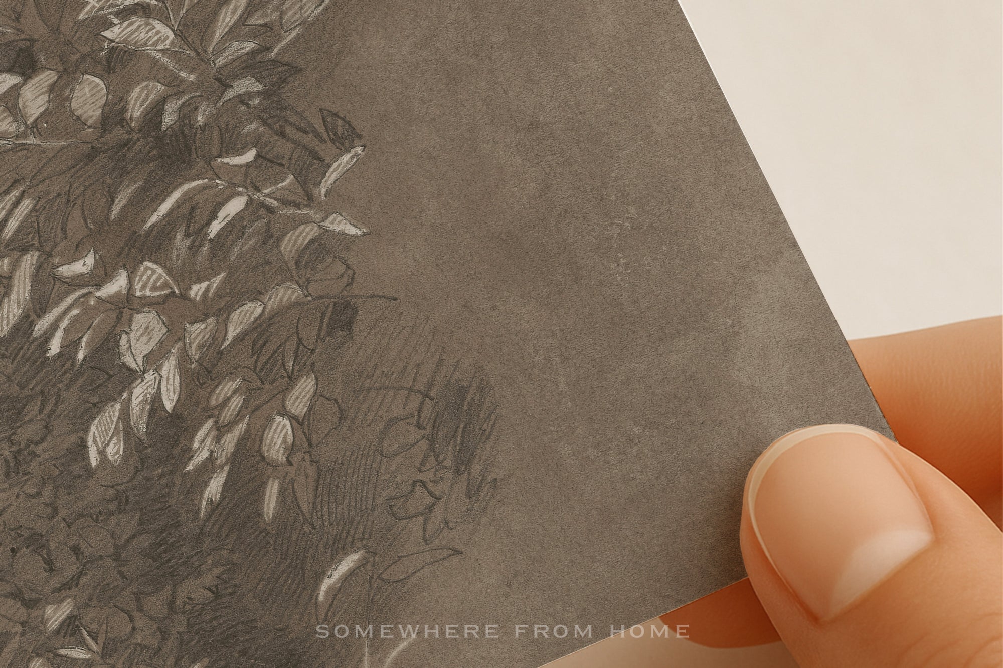 A close-up of a textured gray card or print being held by fingers, showing a sketch of leaves on the left side and the text 'SOMEWHERE FROM HOME' near the bottom.