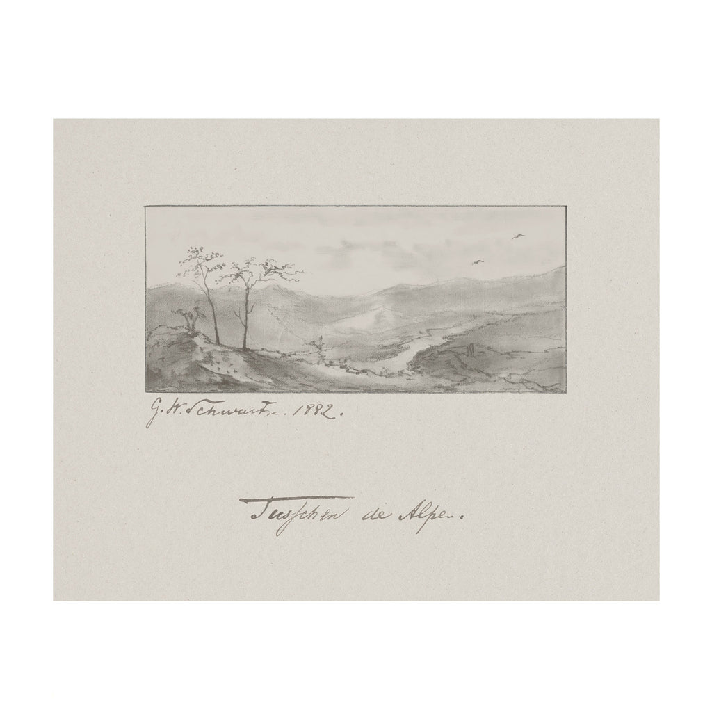 A monochrome landscape sketch on textured paper, showing a misty mountain valley with a few trees and birds, centered within a larger square paper border with handwritten signature text below.
