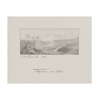 A monochrome landscape sketch on textured paper, showing a misty mountain valley with a few trees and birds, centered within a larger square paper border with handwritten signature text below.