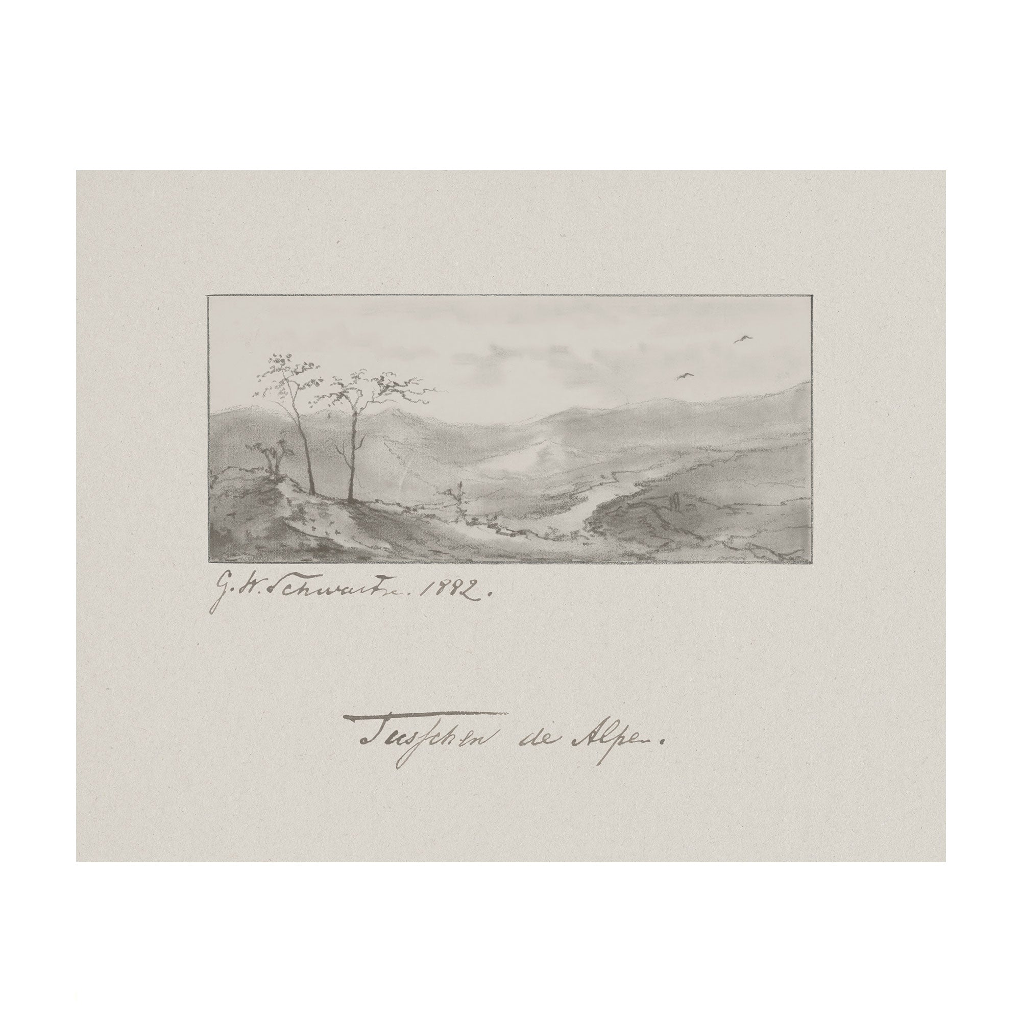 A monochrome landscape sketch on textured paper, showing a misty mountain valley with a few trees and birds, centered within a larger square paper border with handwritten signature text below.