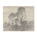 A monochrome landscape sketch featuring tall trees and shrubs rendered in gray and charcoal tones on a warm beige paper background, shown centered against a white margin.