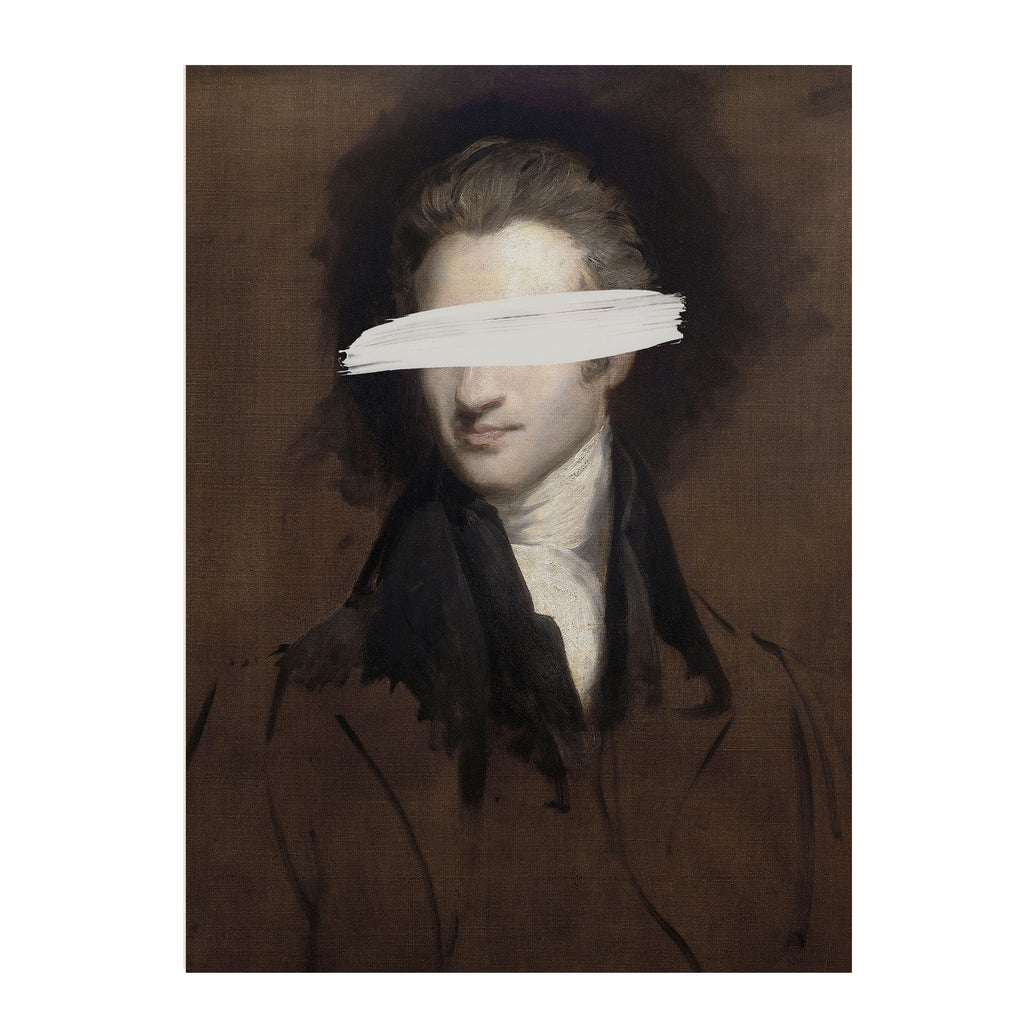A dark classical-style portrait painting of a man in a brown coat and black neckwear, with a white brushstroke obscuring the eyes. The artwork is shown centered on a light gray background.