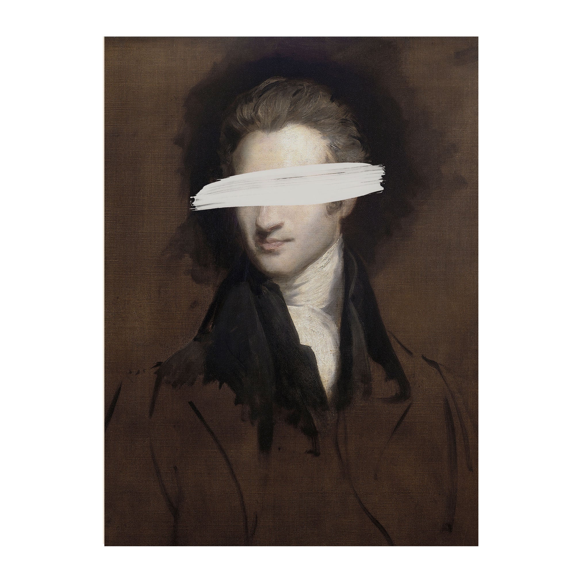 A dark classical-style portrait painting of a man in a brown coat and black neckwear, with a white brushstroke obscuring the eyes. The artwork is shown centered on a light gray background.