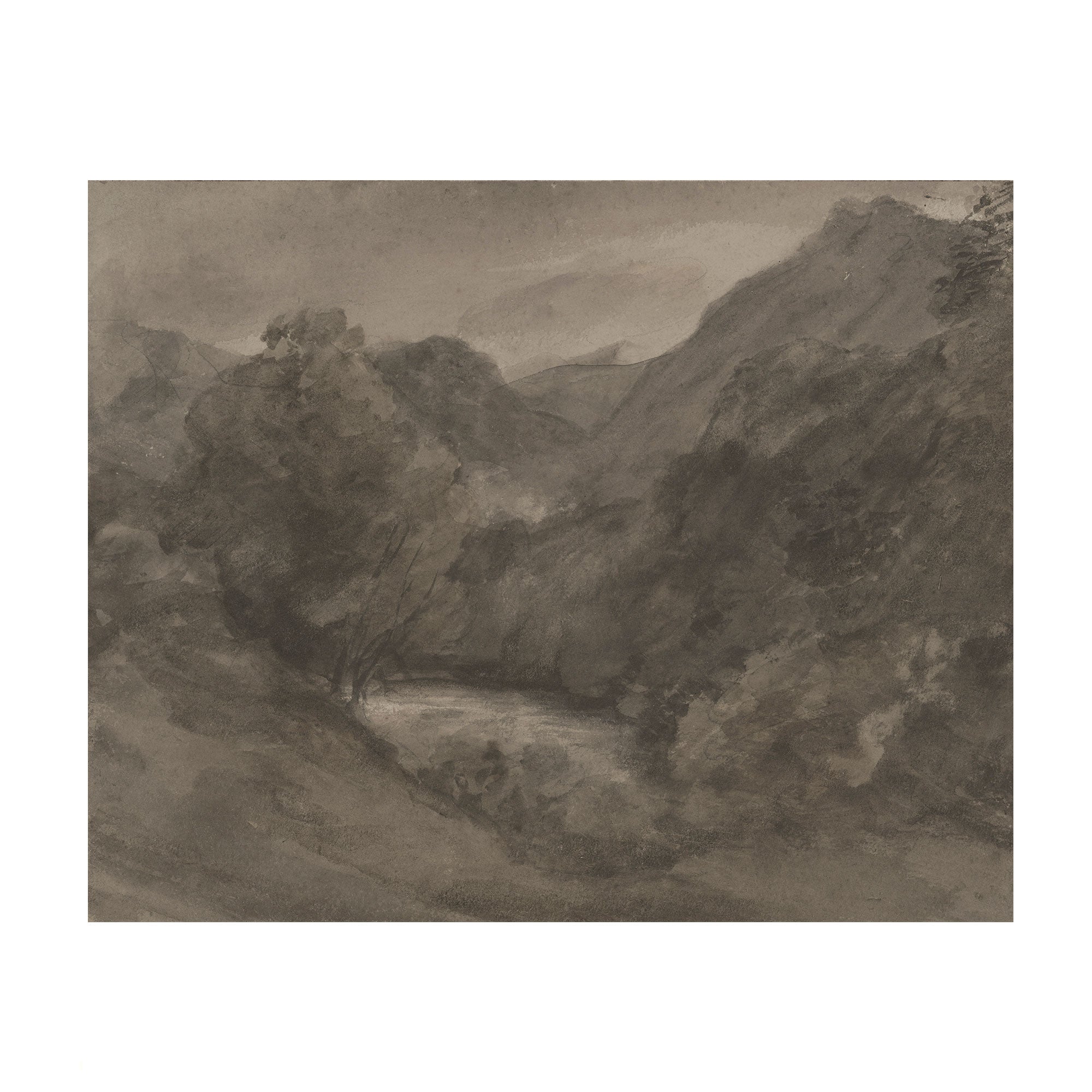 A sepia-toned landscape painting or sketch showing a misty valley with trees, hills, and a river or stream, centered on a white background.